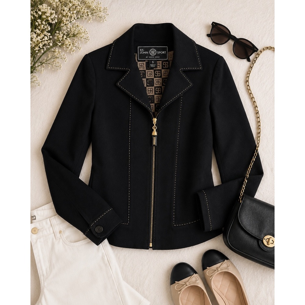 St John Sport Marie Gray Black Zip Front Jacket Contrast Stitch Logo Pull S